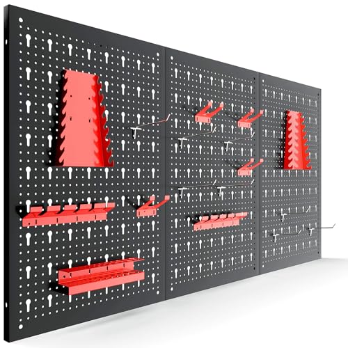 Arebos Panneau à outils en trois parties | Jeu de 17 crochets rouges | 117,6 x 59,5 x 2 cm |...