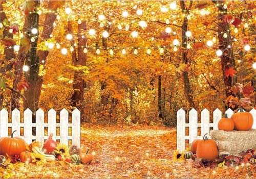 Msocio 7x5ft Fall Backdrop White Fence Autumn Forest Leaves Pumpkins Photography Background for Thanksgiving Day Farm Harvest Event Party Supplies Decorations Banner Picture Photo Booth