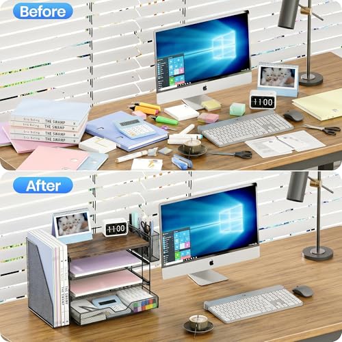 Image of OPNICE Desk Organizers and Accessories, 4-Tier Desktop File Organizer with Drawer and Pen Holders, Office Desk Accessories Workspace Organizers for Office Supplies (Brown)