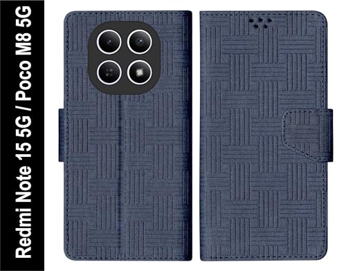 Image of SBMS Flip Cover for Redmi Note 15 5G Poco M8 5G Back Cover Case with Magnatic Closure | Genuine Leather Finish | Inbuilt Stand | Card & Money Pocket | Wallet Style Flip Back Case Cover (Mat Blue)