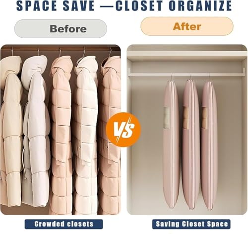 Space Saving Hanging Garment Bag with Self Compression Zipper, Space Saver Closet Organizers for Closet Storage—Compressible Dust Covers for Down Jackets,Shirts,and Sweaters. (Beige, M)4