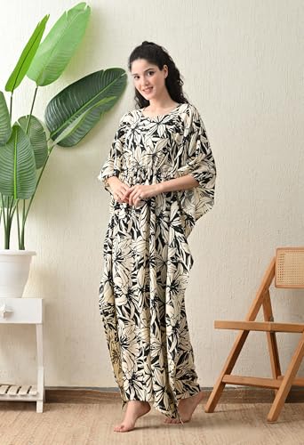 Image of Ichaa Women's Pink Rayon Printed Round-Neck Kaftan-Style Free Size Nighty with Drawstring