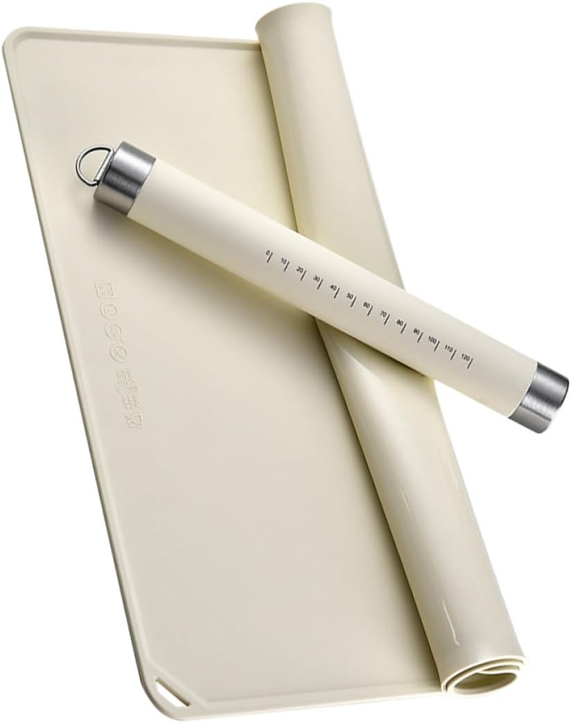 Silicone Baking Dough Mat with Rolling Pin Set, 40x60cm Non-stick Food-grade Liquid Silicone Pastry Mat and Dough Roller for Kitchen Baking and Pastry Preparation