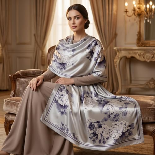 Image of Women's Floral Printed Silk Scarf | Premium Soft Lightweight Stole & Shawl | Fashion Neck Wrap for Wedding, Evening, Travel & Daily Wear | 180 x 90 cm