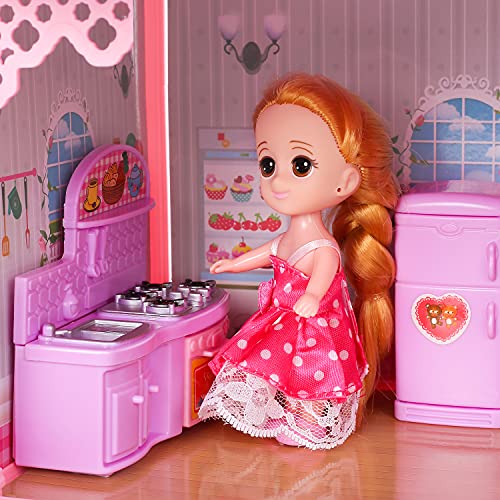 Cute Stone Dollhouse With 2 Dolls, Flashing Lights, Furniture, Household Items And Gardening Tool Accessories, Diy Cottage Pretend Play Doll House, Gift For Ages 3+, 4 Rooms #TOP4