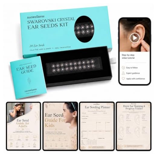 NAO Wellness Swarovski Ear Seeds- Auriculotherapy Seeds Self-Care Acupressure Beads Healing Kit with 40+ Solutions – 20 Swarovski Crystal Ear Seeds Acupuncture Kit – Suitable for Adults and Kids