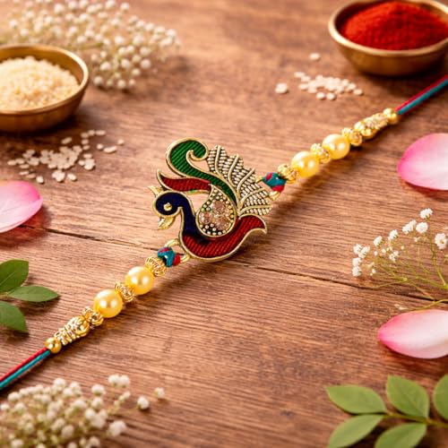 Image of Riddhika Ventures Glorious Gold Plated Meenakari Peacock Rakhi with Roli Chawal and Greeting Card