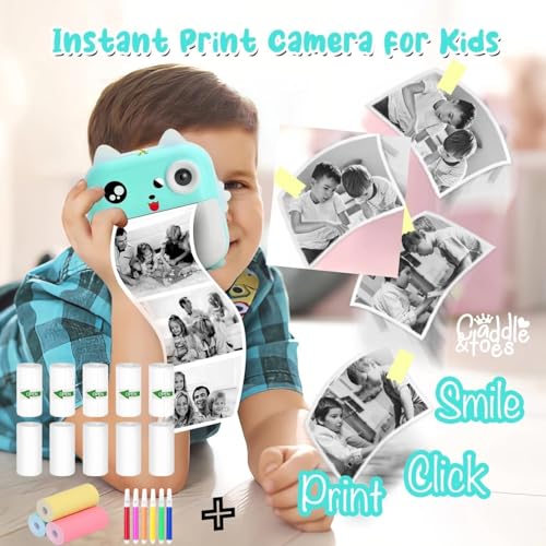 Image of CADDLE & TOES Instant Print Camera for Kids - 1080P HD, 48MP, SD Card, Bluetooth, Free App, 3 Rolls Print Paper, Stickers, Fun Filters, Gift for Kids (Blue with Printer ROLL Set)