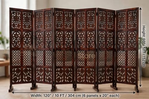 Image of Wooden Room Partition Screen Divider with Stand for Living Room and Bedroom (Brown) | Folding Sheesham Wood Room Separator Wall for Office and Salon