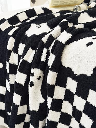 Image of Ultra Soft Cozy Checkered Ghost Halloween Knitted Throw Blanket Fluffy Microfiber Checkerboard Bed Blanket Lightweight Both Sides Throw Blanket for Couch Sofa Bed 50 inchX60 inchBlack
