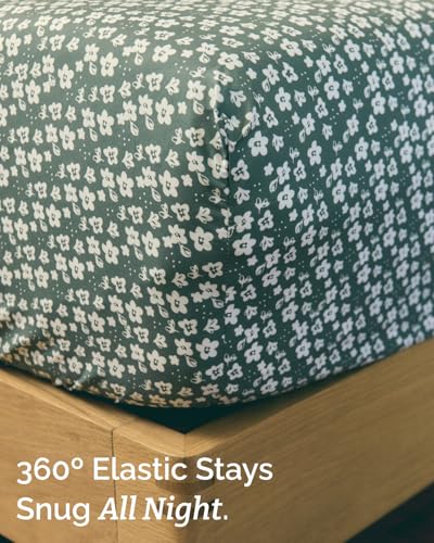 Image of Twin 3 Piece Floral Sheet Set - Soft, Breathable & Cooling - Green Meadow | 1 Flat, 1 Fitted & 1 Pillowcase w / Deep Pockets, Boho Botanical Floral Bedding, Breathable & Cooling, Wrinkle & Fade Free
