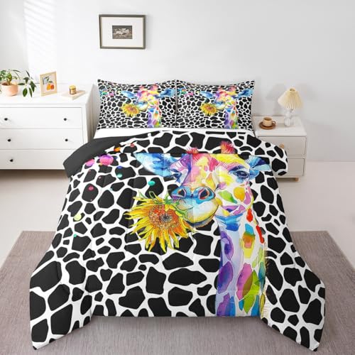 Erosebridal Rainbow Giraffe Comforter Twin Cute Animal Bedding Set, Black and White Giraffe Print Down Comforter Hippie Tie Dye Slatters Bed Set Street Graffiti Watercolor Quilted Duvet