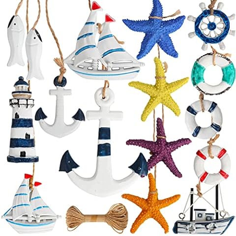SOSMAR 15-Stück Maritime Deko Wanddeko Schlafzimmer, Leuchtturm Anker Segelschiff Rettungsringe Seesterne Fische Deko Anhänger etc. Coole Sommer Fensterdeko hängedeko Wohnzimmer Deko Cover