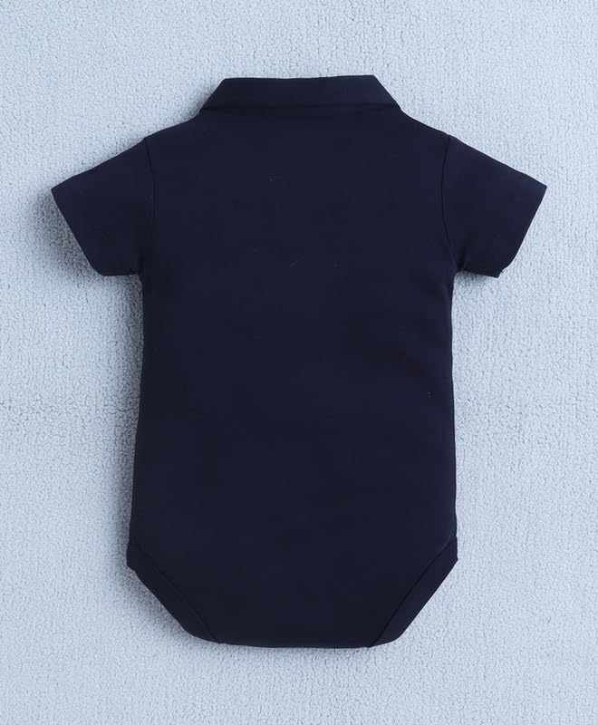 Image of BUMZEE Boys Regular Fit Half Sleeves Collar Neck Cotton Bodysuit & Short Set With Applique Bow Suspender & Cap