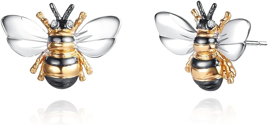 18K Gold Plated Shimmering 2-tone Enamel Bumble Bee Stud Earrings 0.5in length For Women - Made in Brazil