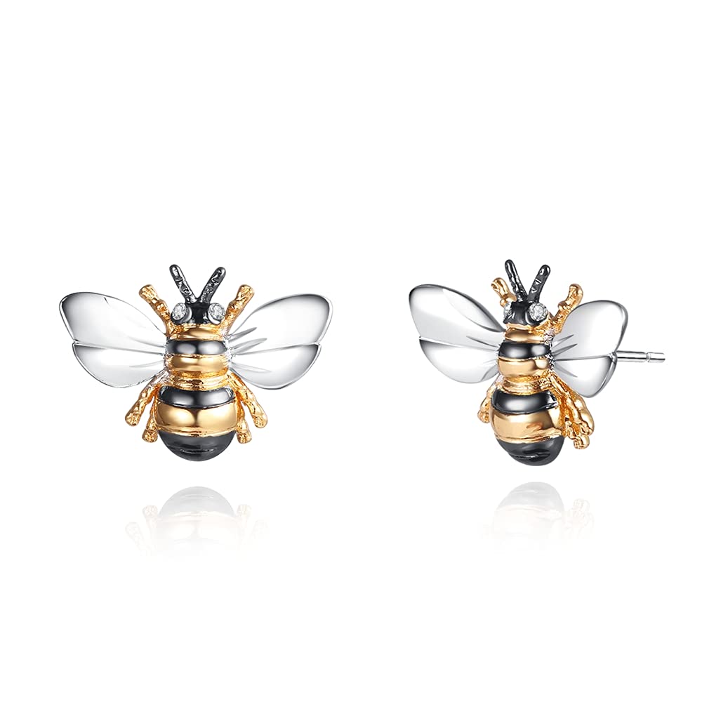 Barzel18K Gold Plated Shimmering 2-tone Enamel Bumble Bee Stud Earrings 0.5in length For Women - Made in Brazil