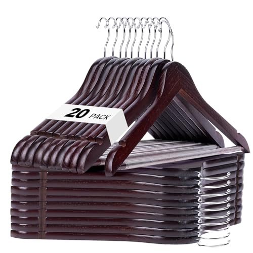 HOUSE DAY Cherry Wooden Hangers 20 Pack, Heavy Duty Wooden Coat Hanger for Closet, Solid Wood Hanger with Non Slip Pant Bar, Smooth Finish Wood Clothes Hangers for Shirts, Suits Jackets, Dress