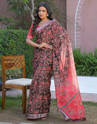 Image of SIRIL Women's Printed Cotton Saree with Unstitched Blouse Piece