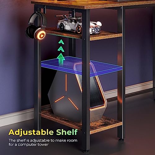 Image of Rolanstar L Shaped Gaming Desk with LED Lights & Power Outlets, 55.1 inch Computer Desk with Full Monitor Stand & Storage Shelf, Corner Desk with Hooks, Rustic Brown Desk Reversible