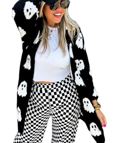 Women's Halloween Ghost Pattern Cardigan Long Sleeve Open Front Fuzzy Fluffy Outwear Coats