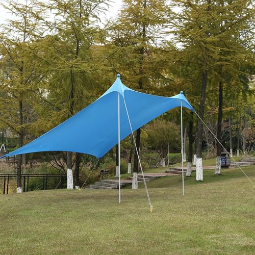 MiBoce Tienda de campaña de playa desplegable para el sol, 210 x 210 cm, toldo portátil para playa, con 2 postes de hierro, pala de arena, estacas de tierra, cuerdas resistentes al viento, bolsa de