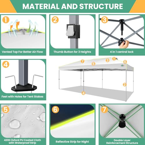 Image of COBIZI 10x20 Pop Up Canopy Tent, Commercial Instant Tent for Wedding, Parties with 3 Adjustable Height, Outdoor Ez Up Canopy Waterproof UPF50+ with Air Vent, Carry Bag, Sandbags, Stakes, Ropes, White