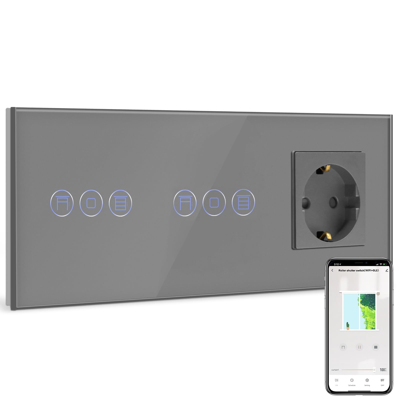BSEED BSEED Doppel WLAN Rolladenschalter mit 16Amp Normale Steckdose, Smart Alexa Jalousien Schalter Kompatibel mit Alexa/Google Home, Smart Home Rolladensteuerung Grau(Nullleiter erforderlich)