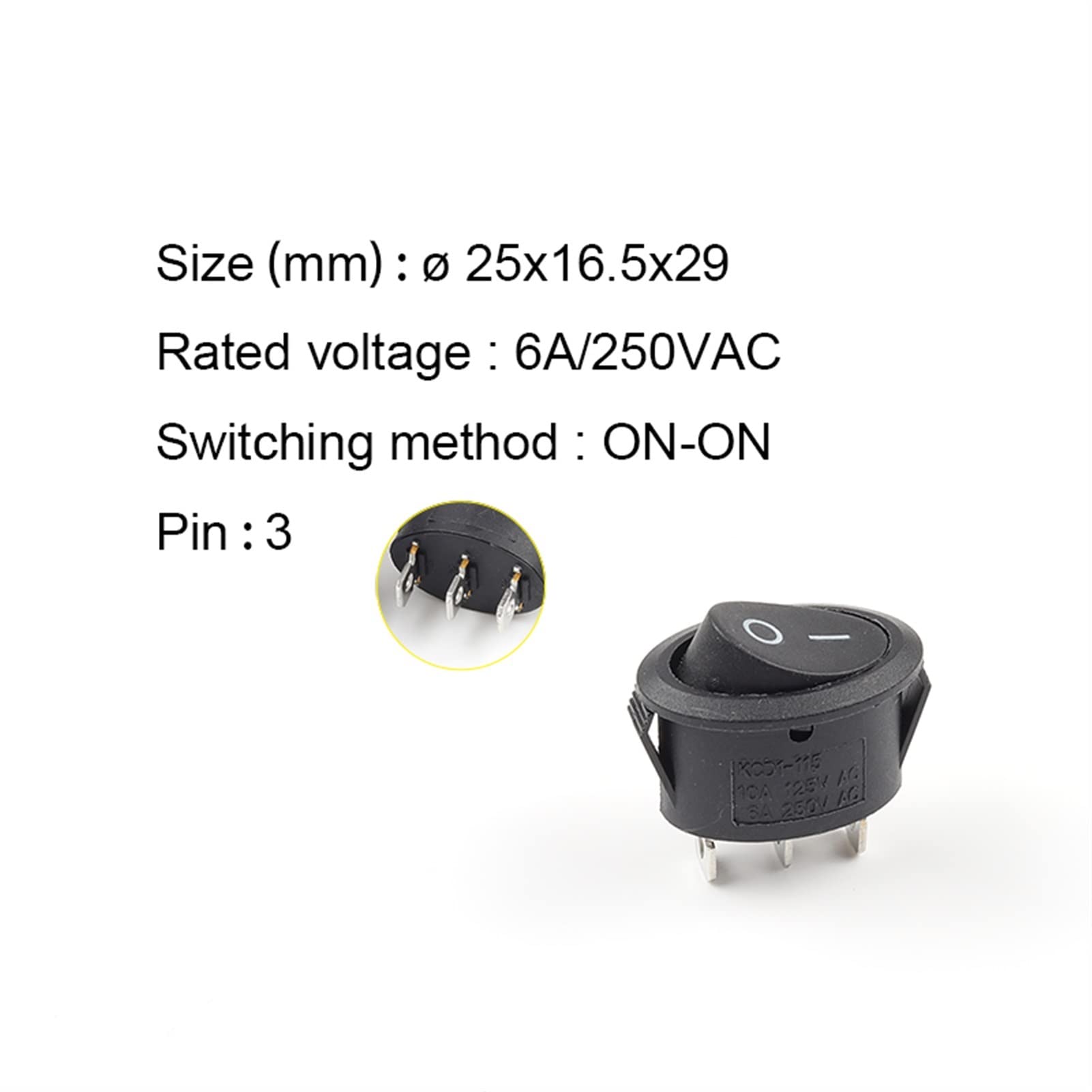 Interruptor basculante 5 piezas KCD1 Interruptor basculante pequeño redondo 25 * 16.5 mm Mini redondo Negro Blanco rojo 2 pines Interruptor de botón de encendido de 3 pines con luz 6A / 250 ( Color :