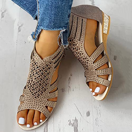 Womens Sandals Heels Low, Women's Hollowed Out Wedge Sandals Open Toe Casual Zipper Sandals Beach Summer Rhinestone Sandals2