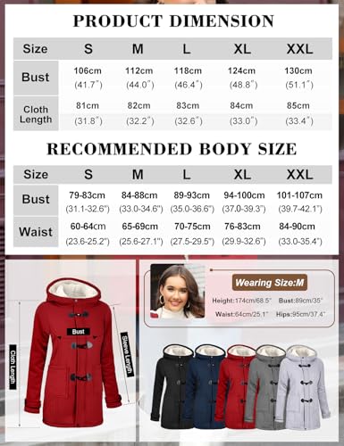 Yuson Girl Winterjacke Damen Fleecejacke Lang Warm Hornknopfjacke Einfarbig Wintermantel Kapuzenpullover Winter Cardigan Sweatshirt Damen Reißverschluss Kapuzenjacke mit Knopf(Weinrot, L)