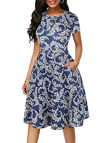 Image of oxiuly Women Casual Dress Round Neck Soft Cotton Floral A-Line Midi Summer Dresses with Pockets OX262