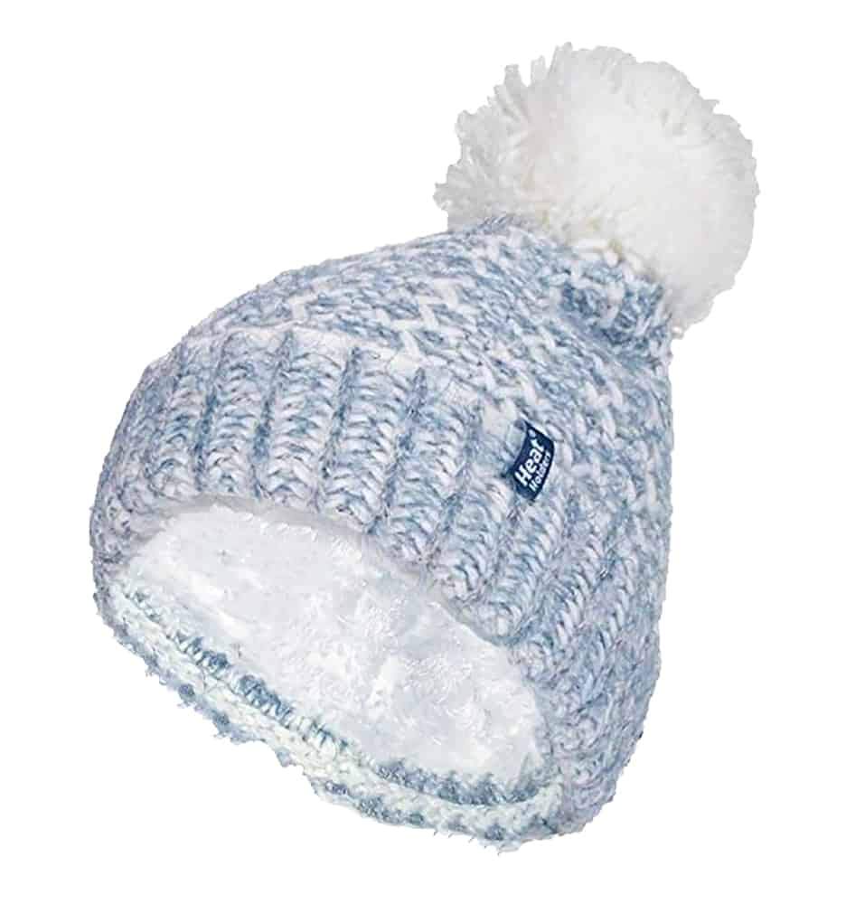 Heat Holders Women's Blue Fleece Lined Cuffed Thermal Winter Bobble Hat W/ Pom Pom In