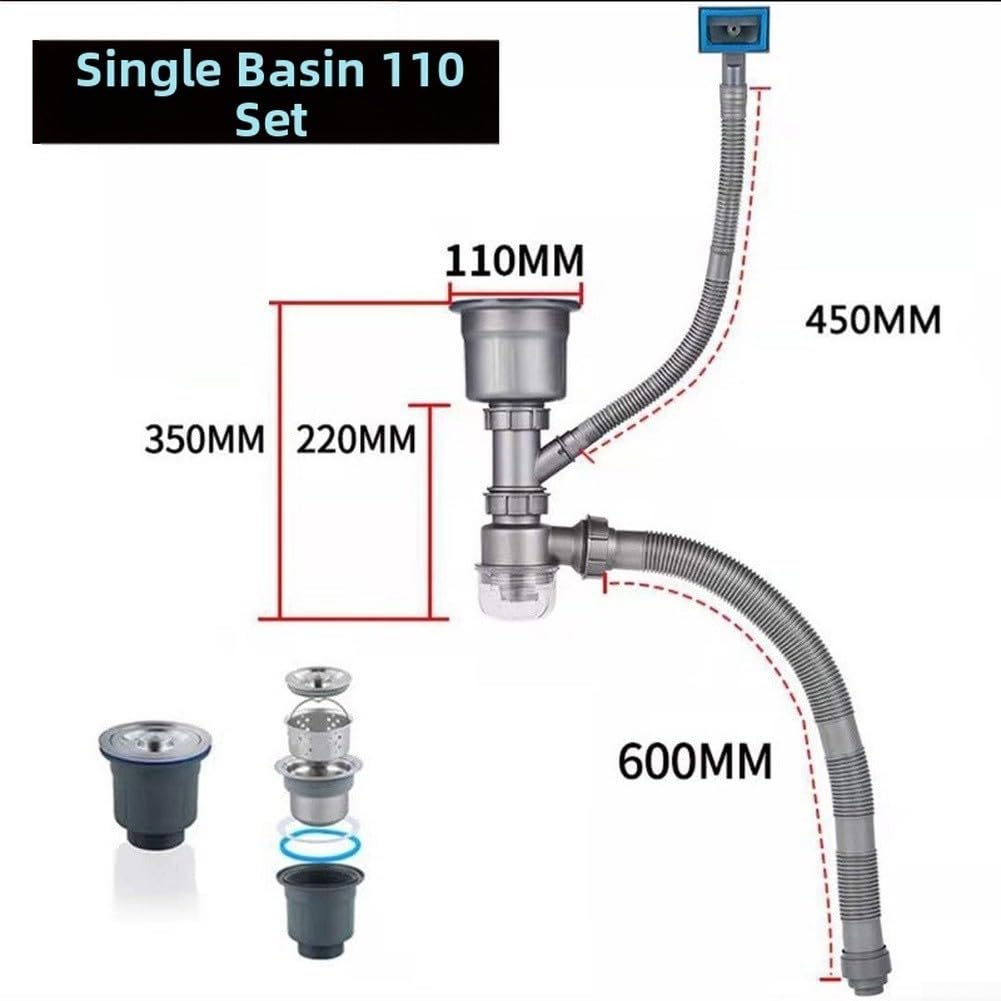 Kit de tubería de drenaje para fregadero con diseño antiobstrucción y taza extraíble para cocina, baño, lavandería, caravana y fregaderos comerciales, instalación rápida sin fugas con construcción de