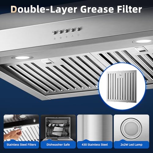 Image of Tiesay 30 Inch Under Cabinet Range Hood 900 CFM with Ductless Convertible Duct Kitchen Hoods, 3-Speed Adjustable, Dishwasher Safe Baffle Filters, LED Lights, Stainless Steel, Button Control