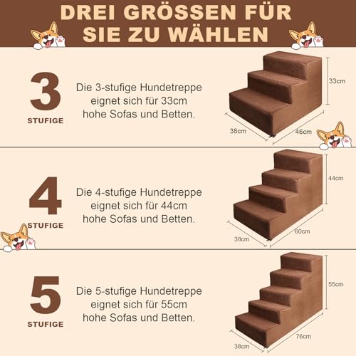 Haustiertreppe für Kleinen Hunde und Katzen, Abnehmbare Waschbar Hundetreppe Katzentreppe aus Schwamm mit Reißverschluss Plüschbezug, Tragbar Haustiertreppe für alte Hunde (4 Stufen Braun)