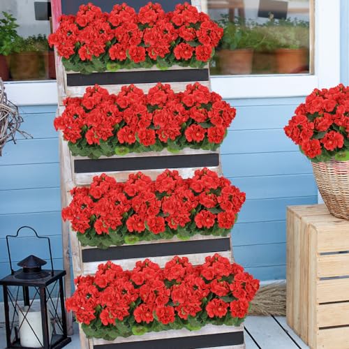 Artificial Flowers for Outdoors, 4 Pack Red Geraniums Silk Flowers UV Resistant No Fade Faux Flowers Geraniums Bush for Home Outdoor Garden Porch Window Vase Wedding Decor (Red) image 2