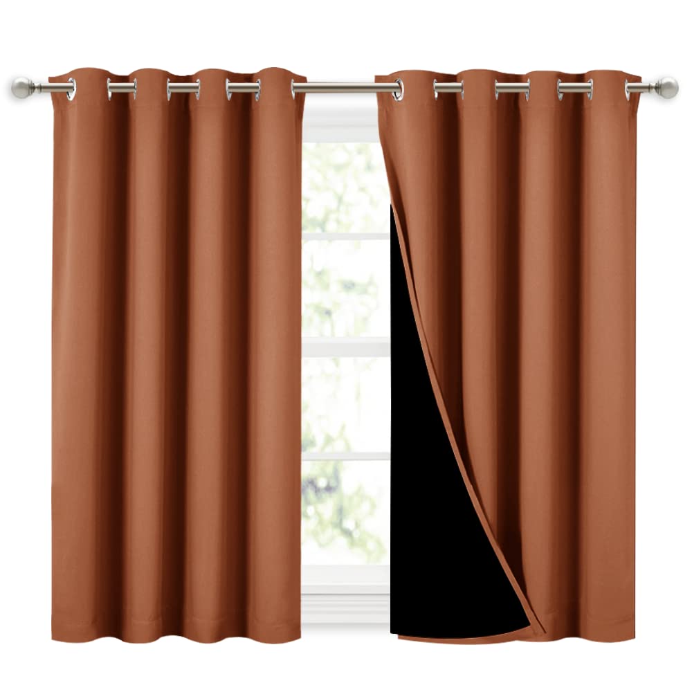 NICETOWN Burnt Orange 100% Blackout Curtains 45 inches Long, 2 Thick Layers Completely Blackout Window Treatment Thermal Insulated Lined Drapes for Small Window (1 Pair, 52 inches Width Each Panel)