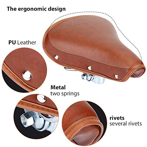 Bestgift Bike Seat Universal Vintage Brown Rivets Comfortable Classic PU Leather Spring Bicycle Cycling Saddle for Men Women … (Brown) - Image 3
