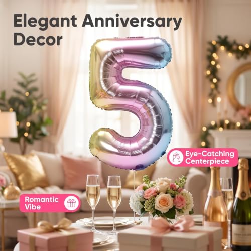 Image of YPSelected 32 Inch Large Foil Helium Number Balloon Birthday Wedding Party 0-9 (Rainbow, 5)