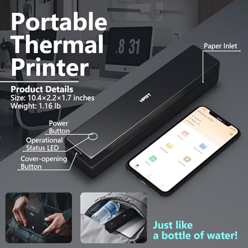 Image of HPRT Portable Thermal Printer-Inkless Printer, Supports Thermal Paper&Labels, Multi-User Bluetooth, Compatible with iOS /Android /Laptop for Home /School /Travel,MT620 Pro Black-300dpi+10sheets