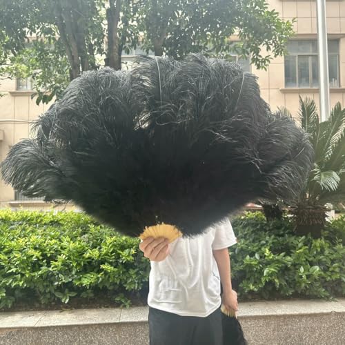 1/2 Abanico de plumas de avestruz grande color champán para abanico plegable de mano de 13 huesos, 100 cm, 130 cm, para manualidades, bodas, carnavales, escenarios, bailes, decoración, negro, 130 cm
