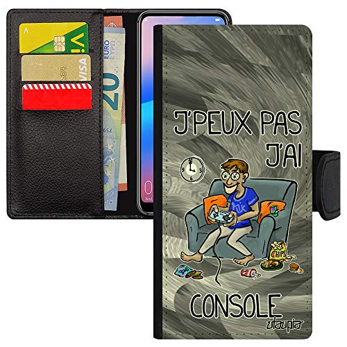 Coque Samsung S20 FE rabat cuir noir personnalisé avec motif console de jeu pour gamer