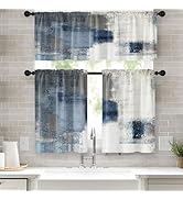 Tayney Blue Kitchen Curtains Grey White Window Curtains Valance and Tier Set 36 Inch, Contemporar...