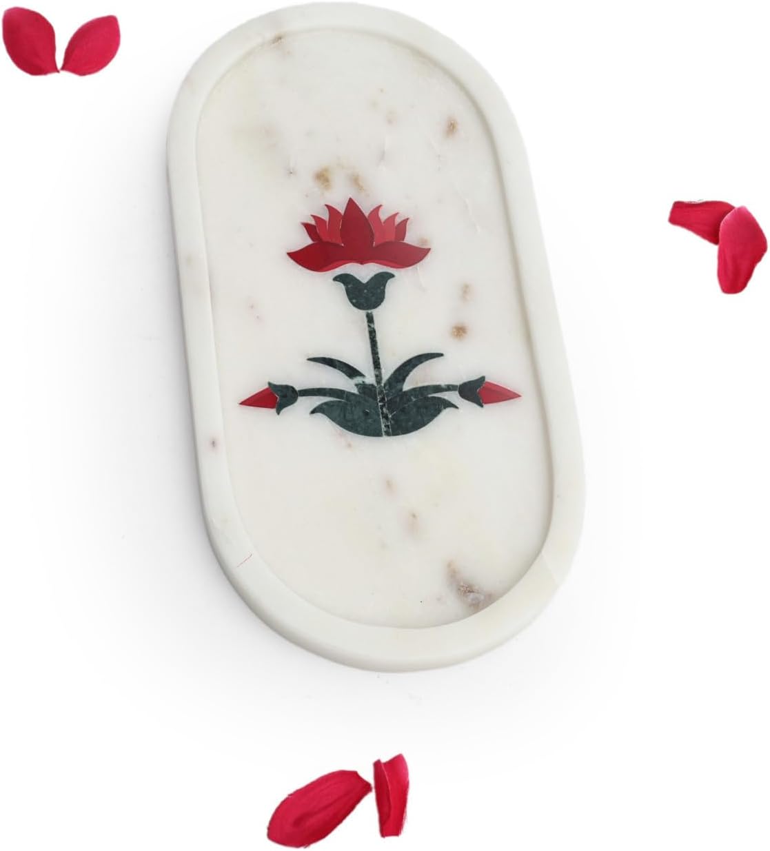Natriel White Marble Decorative Tray with Red Lotus Flower Inlay, Oval Shape, 9.84x5.11x0.39 Inches