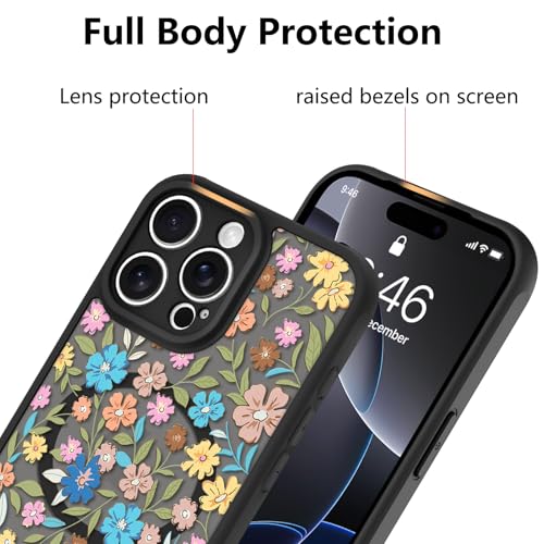 Image of KANGHAR Case Compatible with iPhone 16 Pro Flower Pattern | [Compatible with Magsafe] Cute Colorful Blooming Florals Protective Magnetic Case for Girls Women 6.3 inch