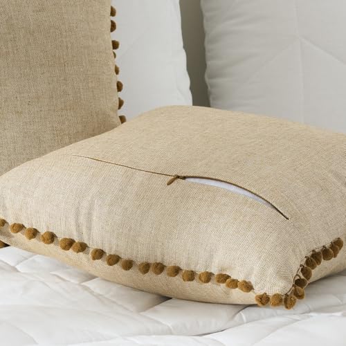 Image of 100% Cotton Pom Pom Cushion Without Filler, Elegant & Modern Cushion Cover for Living Room, Square Shape, 20 inchx20 inch, uni Chambray, Set of 5 - Bronze