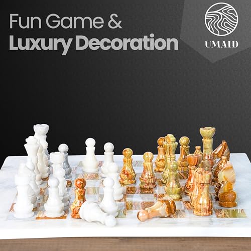 UMAID Handmade Green Onyx Marble Chess Set - 14 Inch Premium Board Game with Luxury Velvet Gift Box | Elegant Stone Chess Pieces for Collectors, Gifts, and Home Decor Craftsmanship