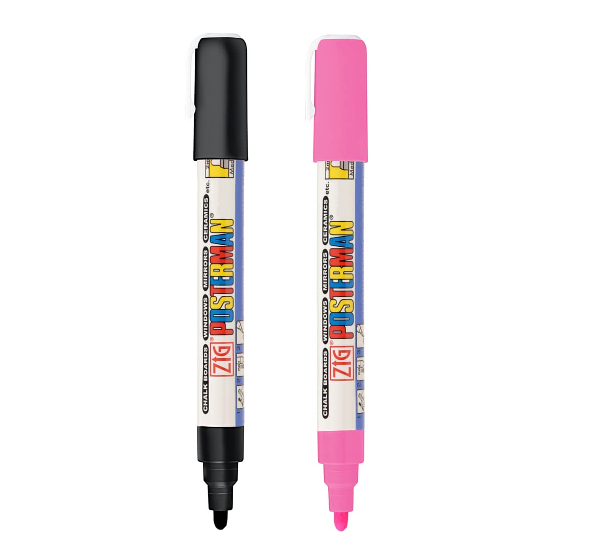 Zig POSTERMAN Medium TIP SIZE: 2 mm [Black & Pink Special combo set] Never Fade Quick Dry and Permanent Works on Rocks Painting Wood Fabric Plastic Canvas and much more. AP-Certified JAPAN
