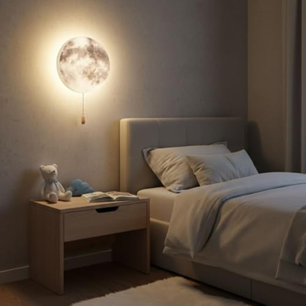 Lámpara de pared LED de luna, recargable, inalámbrica, con interruptor de tracción, decoración redonda moderna para niños, iluminación cálida de 3000 K