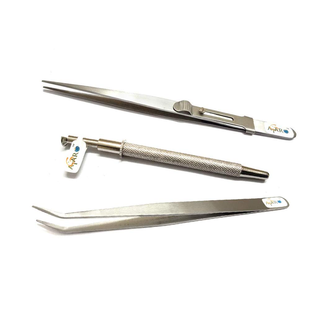 ATAR 3 Pcs Holder Pick-up Tool & sild lock & 4 prong & Curved Tweezer Jewelers Pickup tools.